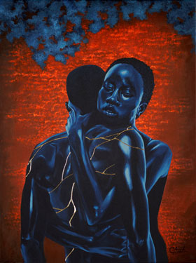 Christen Austen, Embrace, 2022, acrylic, acrylic gel medium, and gold leaf on canvas