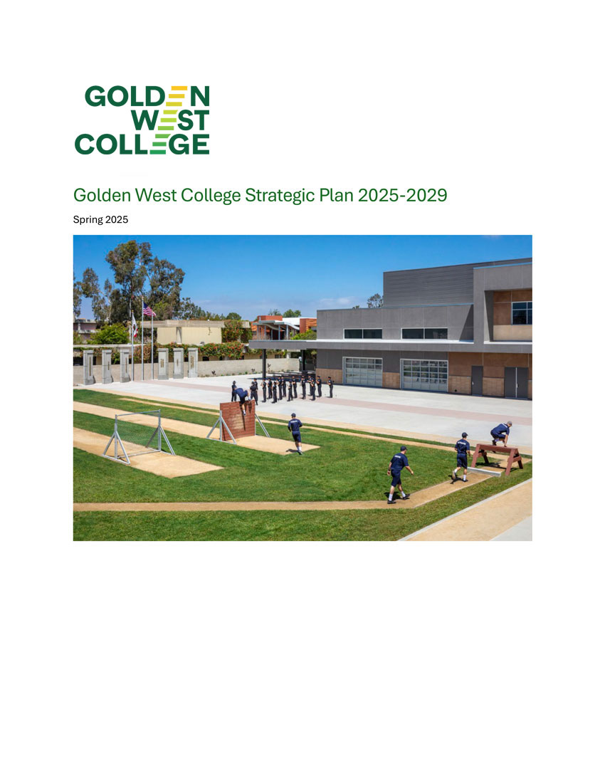 Cover of a report titled “Golden West College Strategic Plan 2025–2029” (Spring 2025), with the GWC logo and a campus photo showing people lined up and exercising on a lawn near a modern building.