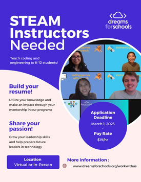 Dreams for Schools - STEAM Instructors needed