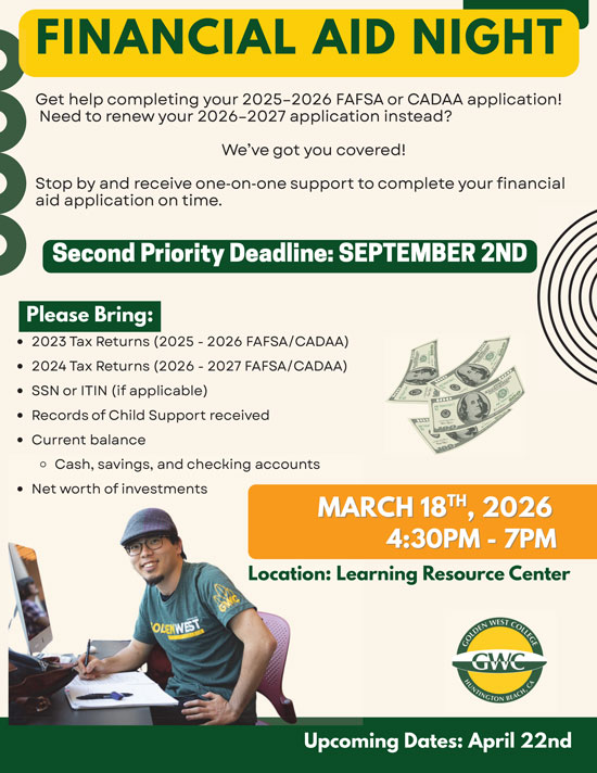 Financial Aid Night - March 18 @ 4:30-7pm PDF flyer - click to download PDF