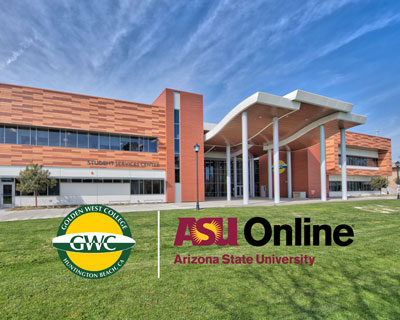 Logo featuring Golden West College and Arizona State University Online, set against a backdrop of the Student Services Center building.
