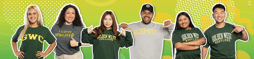 Six smiling students pose in Golden West College apparel on a green-and-yellow patterned background, pointing to their school logos.