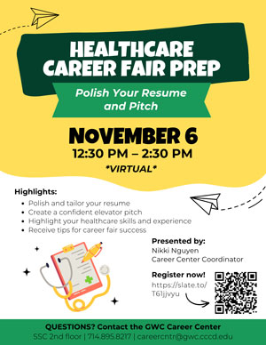 Flyer for a virtual Healthcare Career Fair Prep event on November 6, 12:30–2:30 PM, highlighting resume and elevator pitch help, with registration link and QR code.