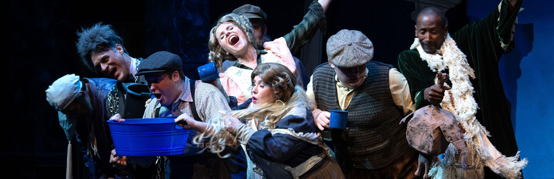 A lively theatrical scene featuring a cast of actors in period costumes, showcasing a dynamic performance with expressive poses and props.
