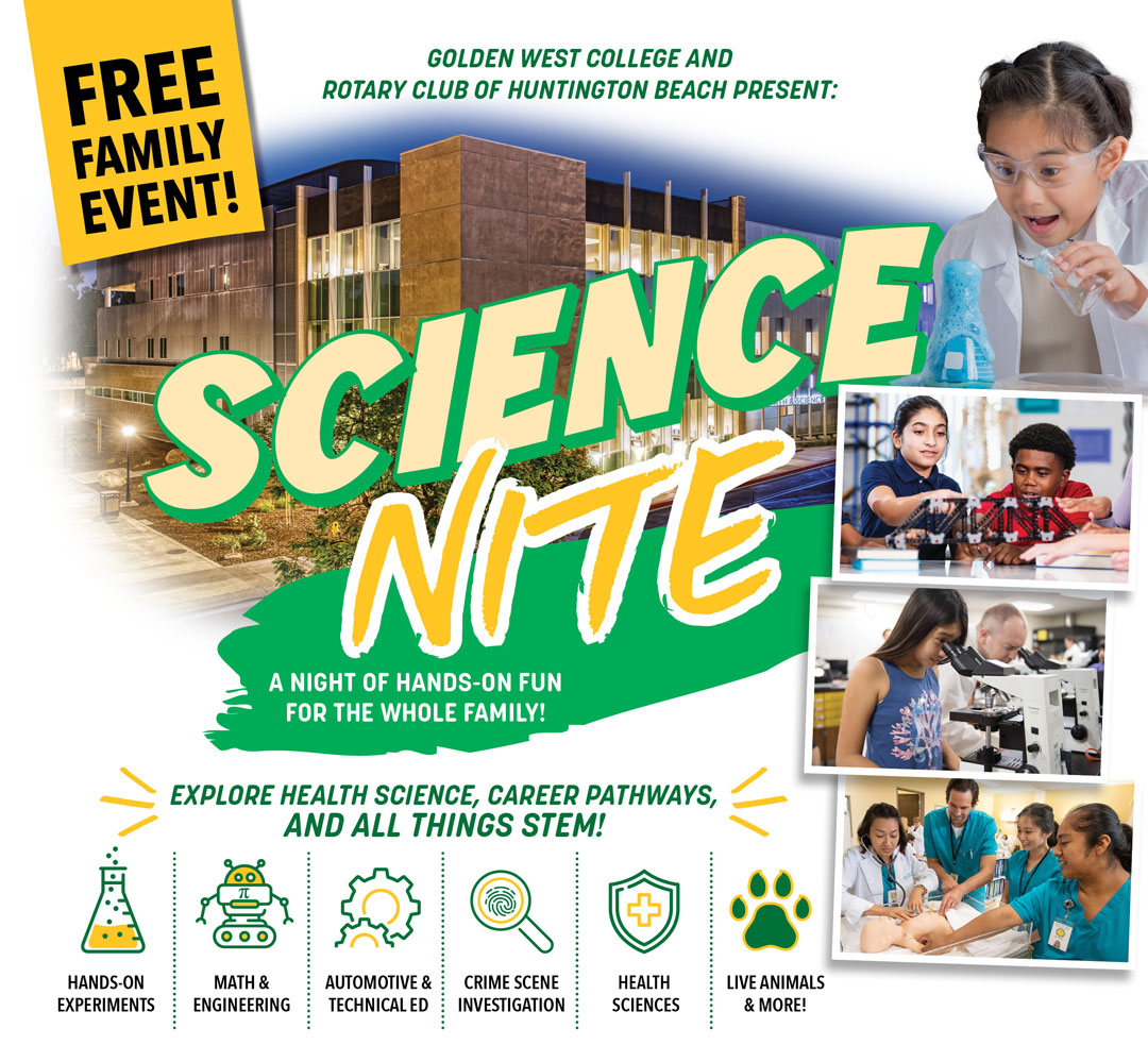 Promotional flyer for “Science Nite,” a free family event presented by Golden West College and the Rotary Club of Huntington Beach, featuring photos of kids doing science activities and STEM-themed