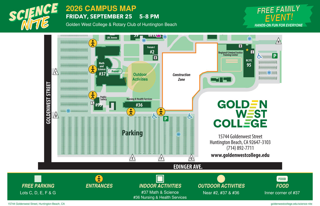 2026 Science Nite campus map for Golden West College showing entrances, parking lots, indoor and outdoor activity areas, and key buildings for the event on Friday, September 25, 5–8 PM.