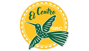 Circular "El Centro" logo with a green hummingbird in flight over a yellow patterned sun and the letters "GWC".